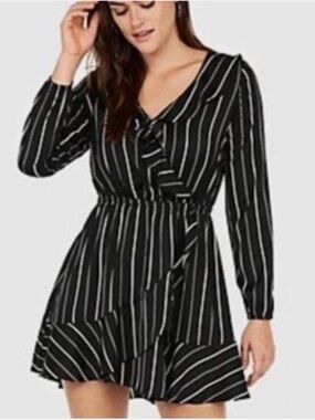 NWT Black Striped Long-Sleeve Wrap Dress - Classic Women's Dress